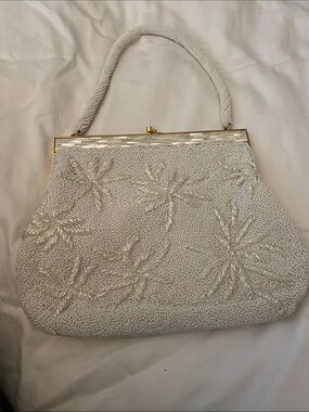 Hand Crafted White Beaded Floral Clutch with Gold Frame